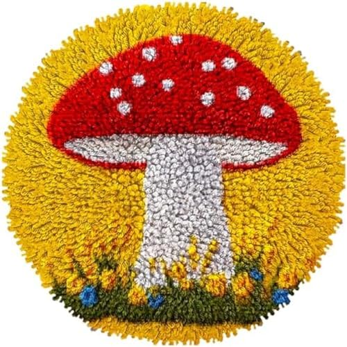 Wallphantom DIY Knüpfstern Set Knüpfteppich-Set,Roter Pilz mit grünem Hintergrund,Handgefertigte Teppich Mit Vordruck,3D-Bastelgeschenk,Gewebtes Teppichset,Heimdekoration,50x50cm von Wallphantom