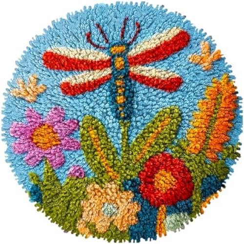 Wallphantom DIY Knüpfteppich Zum Selber Knüpfen,Libelle auf Blumen,Knüpfpackungen Für Teppiche Zum Selbermachen Für Familie Und Freunde,Handarbeit,Bastelset,Geschenk,50x50cm von Wallphantom