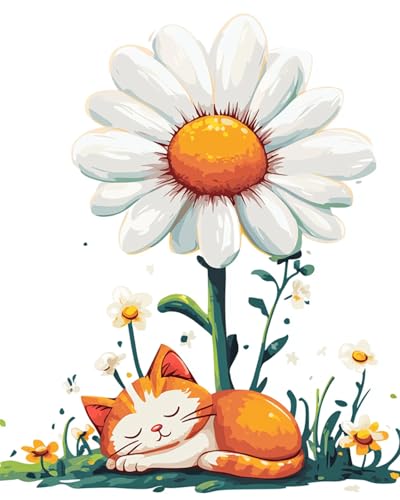 Wallphantom Diy-Teppich Knüpfstern,Katze unter Gänseblümchen,DIY Embroidery Cushion Rug Unfinished Crochet Rug Set with Pre-Print,Latch Hook Kits for Children and Adults,55x75cm von Wallphantom