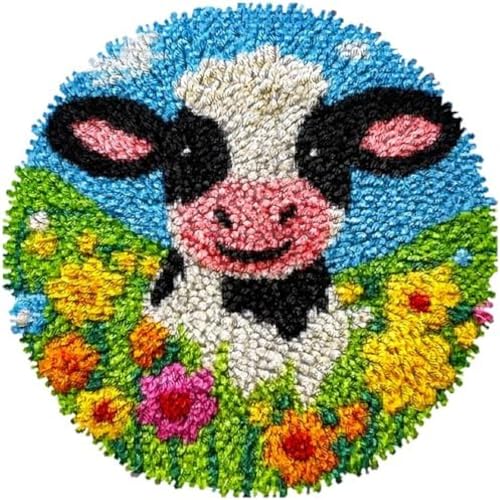 Wallphantom Knüpfen Set Erwachsene,Milchkuh in Blume,Riegelhaken-Teppich-Kit Mit Riegelhaken-DIY-Teppich,Klinkenhaken-Teppichherstellung,Teppich Für Wohnkultur,50x50cm von Wallphantom
