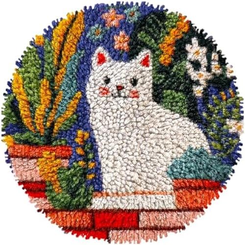 Wallphantom Knüpfen Set Fußmatte Teppich Herstellung Kits,Katze und Pflanzen,Geschenkver DIY für Kinder/Erwachsene mit bedruckter Leinwand Latch Hook Rug Kit,50x50cm von Wallphantom