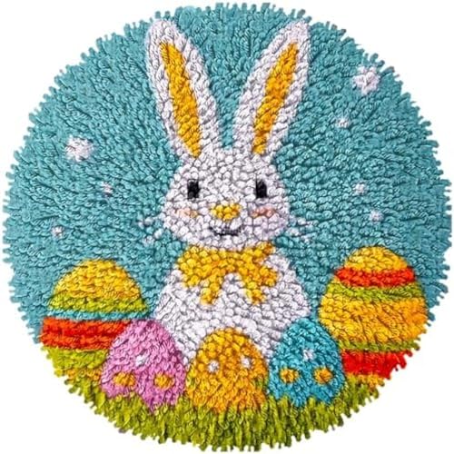 Wallphantom Knüpfen Set Fußmatte Teppich Herstellung Kits,Niedliche Kaninchen und Ostereier,Geschenkver DIY für Kinder/Erwachsene mit bedruckter Leinwand Latch Hook Rug Kit,50x50cm von Wallphantom