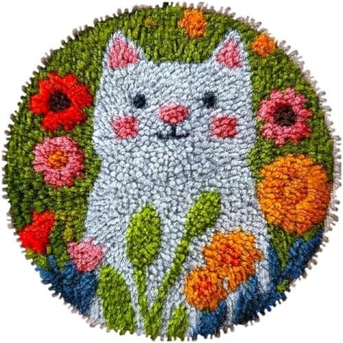 Wallphantom Knüpfhaken-Teppich-Set,Katze und Blumen,DIY-Häkelteppich für Erwachsene,Kinder,Anfänger,Teppich-Hakensets,kreatives Basteln,Heimdekoration,50x50cm von Wallphantom