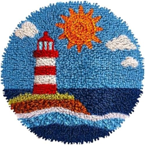 Wallphantom Knüpfhaken-Teppich-Set,Leuchtturm und Sonne am Meer,DIY-Häkelteppich für Erwachsene,Kinder,Anfänger,Teppich-Hakensets,kreatives Basteln,Heimdekoration,50x50cm von Wallphantom