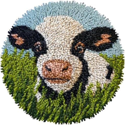 Wallphantom Knüpfhaken-Teppich-Set,Niedliche Milchkuh im Gras,DIY-Häkelteppich für Erwachsene,Kinder,Anfänger,Teppich-Hakensets,kreatives Basteln,Heimdekoration,50x50cm von Wallphantom