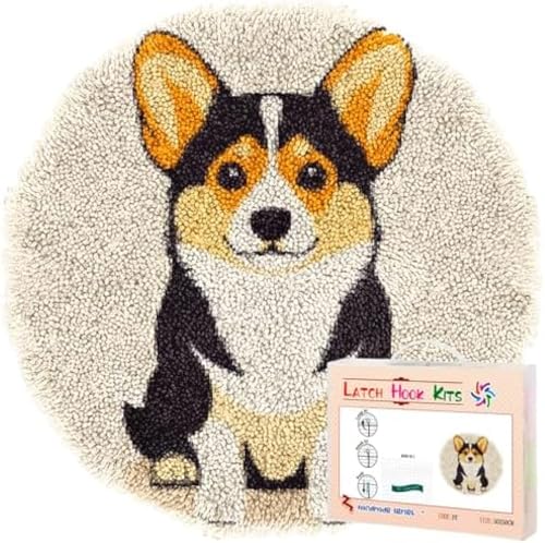 Wallphantom Knüpfhaken-Teppich-Set,Süßer Corgis Hund gestempelt Handarbeit,DIY Knüpfteppich Zum Selber knüpfen,Knüpfsets Latch Hook Kit Selbst Knüpfen Set für Kinder und Erwachsene,50x50cm von Wallphantom