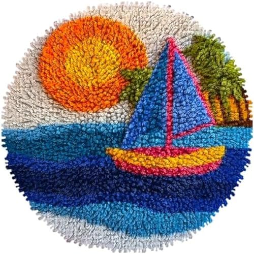 Wallphantom Knüpfteppich Set DIY,Segelboot am Meer und Sonnenuntergang,Handarbeit Set Knüpfset für Anfänger,Teppich zum Selber Knüpfen Basteln Erwachsene Kreativ,Haus Dekoration Geschenk,50x50cm von Wallphantom