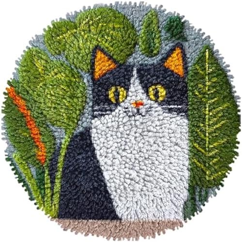 Wallphantom Knüpfteppich-Sets Für Anfänger,Katze und Pflanzen,Diy-Teppichbasteln Mit Farbig Bedruckter Leinwand,Häkel- Und Stickset,Heimdeko,50x50cm von Wallphantom