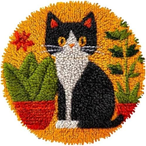 Wallphantom Knüpfteppich Zum Selber Knüpfen-Sets,Katze und Pflanzen,Vorgedrucktes Muster Teppich Stickerei Handwerk Für Erwachsene,Handarbeit Selbst Knüpfen Set,50x50cm von Wallphantom