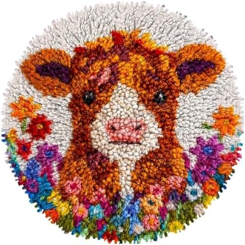 Wallphantom Latch Hook Rug Kit,Kleine Hochlandkuh in Blumen,Haken Hobby Basteln Für Erwachsene Teppichstickerei Gobelin-Set Handarbeits-Teppich,Teppich,50x50cm von Wallphantom