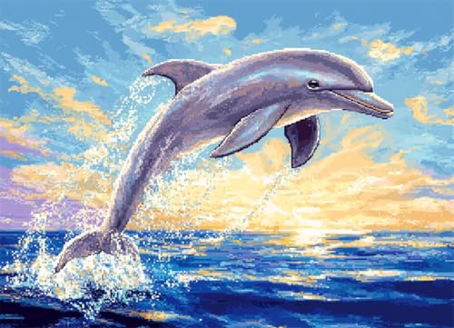 Wallphantom Meerblick Knüpfen-Sets Latch Hook Rug,Delphin springt aus dem Meer,Handarbeit Selbst Knüpfen Set,Vorgedrucktes Muster Teppich Stickerei Handwerk Für Erwachsene Handarbeiten,80x160cm von Wallphantom