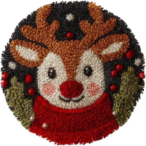 Wallphantom Riegel Haken Teppich Kits Für Erwachsene Kinder,Nettes frohes Weihnachtsrentier,Bedruckte Leinwand Häkeln Handarbeit Handwerk Teppich Kissen Matte Wandteppich,50x50cm von Wallphantom