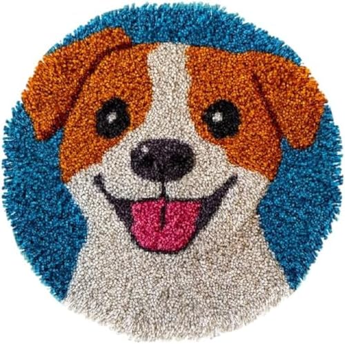 Wallphantom Riegel Haken Teppich Kits Für Erwachsene Kinder,Niedlicher Cartoon-Jack-Russell-Hund,Bedruckte Leinwand Häkeln Handarbeit Handwerk Teppich Kissen Matte Wandteppich,50x50cm von Wallphantom