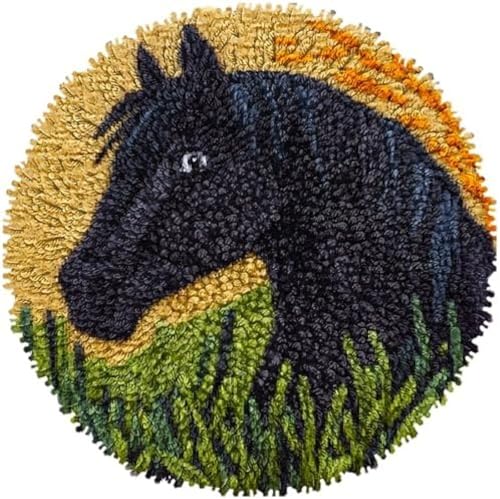 Wallphantom Riegel Haken Teppich Kits Für Erwachsene Kinder,Schwarzes Pferd im Gras,Bedruckte Leinwand Häkeln Handarbeit Handwerk Teppich Kissen Matte Wandteppich,50x50cm von Wallphantom