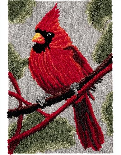 Wallphantom Tier Vogel Diy-Teppich Knüpfstern,Roter Vogel auf einem Ast,DIY Embroidery Cushion Rug Unfinished Crochet Rug Set with Pre-Print,Latch Hook Kits for Children and Adults,55x75cm von Wallphantom