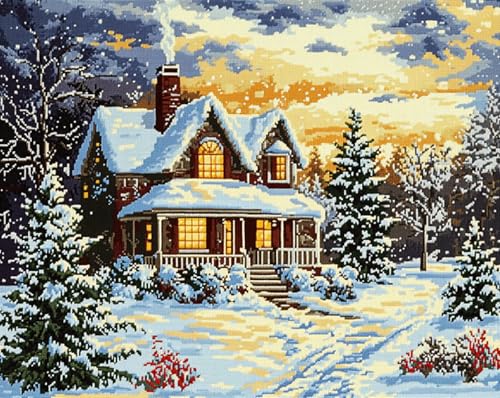 Wallphantom Weihnachten Latch Hook Rug Kit,Haus-Schneeszene,Haken Hobby Basteln Für Erwachsene Teppichstickerei Gobelin-Set Handarbeits-Teppich,Teppich,52x38cm von Wallphantom