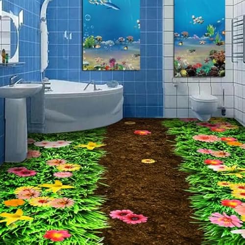 Frisches Grünes Gras, Blumen, Garten, Badezimmer, 3D-Boden, Benutzerdefinierte Große Fresko-PVC-dicke, Wasserdichte, Tragbare Bodenaufkleber,150cmX105cm von Wallquartz