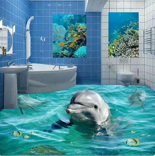 PVC Selbstklebende Wasserdichte 3D-Bodenfliesen-Tapete, Moderne Niedliche Delfin-Wandbilder, Badezimmer, Wohnzimmer, Bodenaufkleber, Heimdekoration,250cmX175cm von Wallquartz