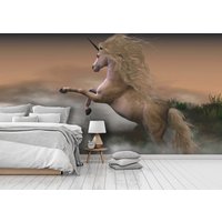 Selbstklebende Schälen Und Stick Abnehmbare Einhorn Neutral Prinzessin Fantasy Pferd Kinder Mädchen Schlafzimmer Wand Bildwand Tapete in Beige Weiß von Walls4uMurals