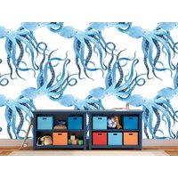 Octopus Tapete Kinderzimmer Ozean Wandkunst, Blaue Jungen Zimmer Dekor Oktopus Wanddekor von WallsDecorStudio