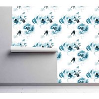 Blaue Aquarell Floral Tapete - Selbstklebende Webende Peel & Stick Wandbedeckung Abnehmbare Vorgeklebte Papiertiere Von Wallshavesoul von WallsHaveSoul