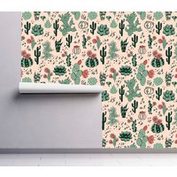 Kakteenmuster Wandbedeckung - Selbstklebende Schale & Klebefolie Abnehmbare Tapete Vorgeklebte Wandbilder Von Wallshavesoul, Kaktus Muster von WallsHaveSoul