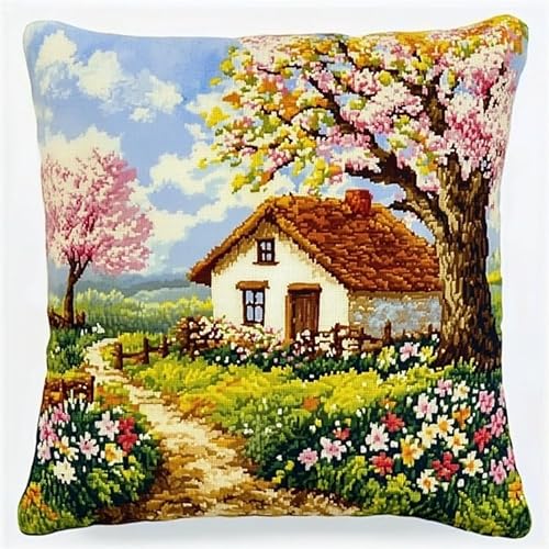 WallustrioaW Embroidery Set for Cushions,Landblumenhäuschen,DIY Cross Stitch Sofa Cushion Cover with Latch Hook Tool,Suitable for Teenagers and Adults,43x43cm von WallustrioaW