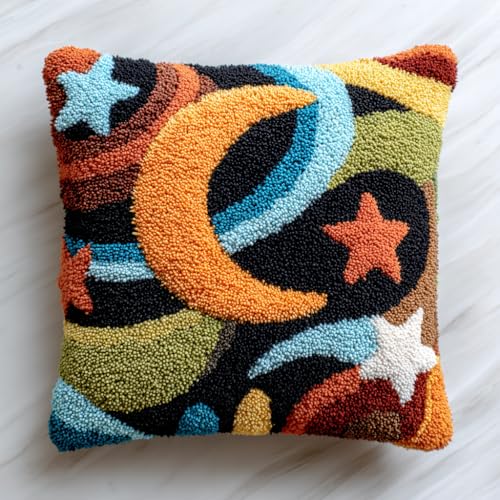 WallustrioaW Knüpfkissen Set,Cartoon-Sterne und Mond,Knüpfkissen Set für Anfänger Erwachsene oder Kinder zum Selber Knüpfen,DIY Knüpfteppich Knüpfpackung,43x43cm von WallustrioaW