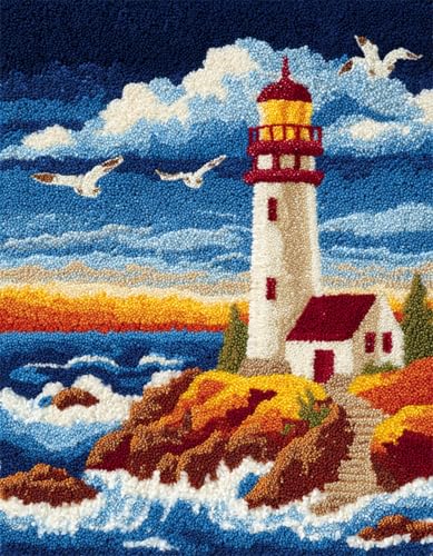 WallustrioaW Landschaft Knüpfteppich Zum Selber Knüpfen-Sets,Leuchtturm und Möwen an der Küste,Handarbeit Selbst Knüpfen Set,Teppich Stickerei Handwerk Für Erwachsene Handarbeiten Diy Teppich,52x38cm von WallustrioaW