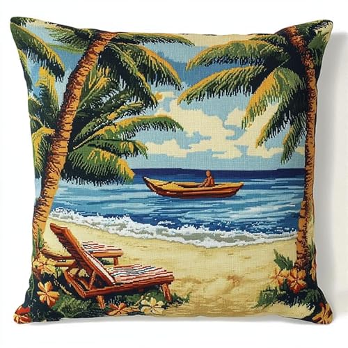 WallustrioaW Latch Hook Cushion Kits for Beginners Adults,Liegestühle am Strand,DIY Latch Rug Sets,Cushion Cover,Carpet Embroidery Set,Crochet Pre-Printed Pattern,43x43cm von WallustrioaW