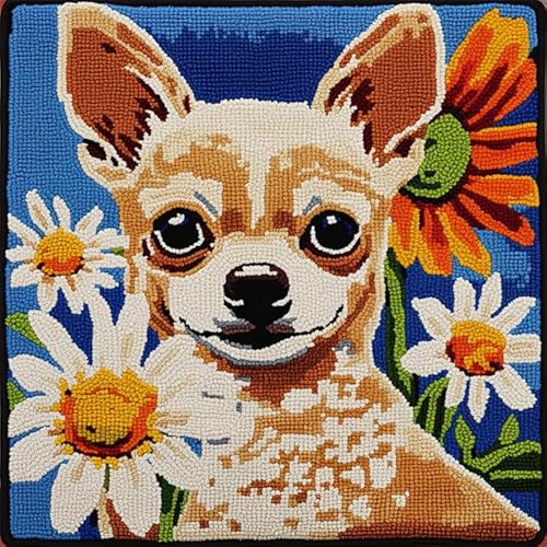 WallustrioaW Tier Hund Latch Hook Cushion Kits for Beginners Adults,Chihuahua und Gänseblümchen,DIY Latch Rug Sets,Cushion Cover,Carpet Embroidery Set,Crochet Pre-Printed Pattern,43x43cm von WallustrioaW