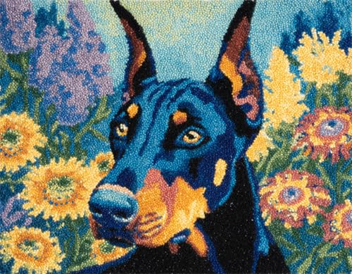 WallustrioaW Tier Hund Latch Hook Rug Kits,Dobermann Pinscher in Blumen,DIY Rug Making Kits for Adults Kids Beginners Carpet Doormat Creative Gift Home Decoration,52x38cm von WallustrioaW