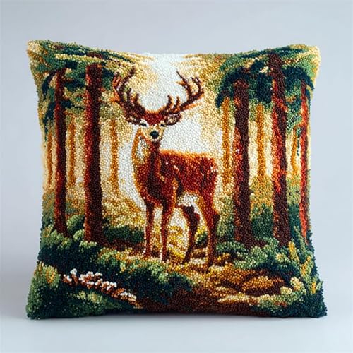WallustrioaW Waldtiere Knüpfkissen-Set,Hirsch Elch,für Kinder oder Anfänger Erwachsene zum Selber Knüpfen,DIY Knüpfteppich Knüpfpackung,Knüpfhaken Set,43x43cm von WallustrioaW