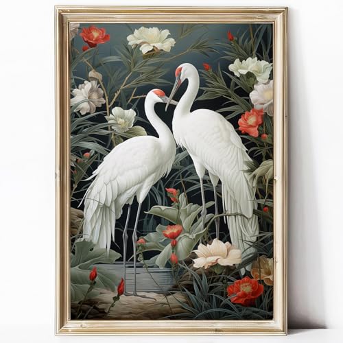 Wandkunst mit weißem Kranich, Wildvogel, Dschungeltiere, Poster, fliegende Vögel, Gemälde, weißer Vogel, Wandkunst, weiße Blume, botanische Drucke, fliegende Kraniche, Wandkunst, abstrakter Vogel, von Wallvelart