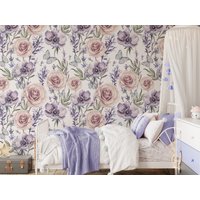 Pastellfarbene Florale Wandkunst, Zarte Rosenblüten, Lila Blumen, Gartentapete, Schmetterling, Niedliche Tapete Zum Abziehen Und Aufkleben - 124 von WallvyHome