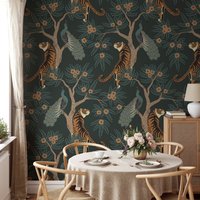 Tiger-Tapete, Dunkelgrüne Wandkunst, Tier-Tapete, Stimmungsvolle Tapete, Wandkunst Im Vintage-Stil, Pfau, Baum, Abnehmbare Wanddekoration - 565 von WallvyHome