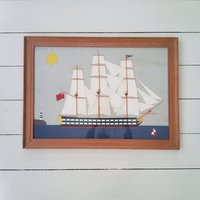 Filzbild Tallship Im Rahmen Vintage Volkskunst Fibre Art von WalnutHillVintage