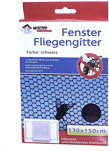 Walter Fliegengitter Insektenschutzgitter 130x150 cm - schwarz - inkl. selbstklebendes Klettband - waschbar (4 Stück) von WALTER