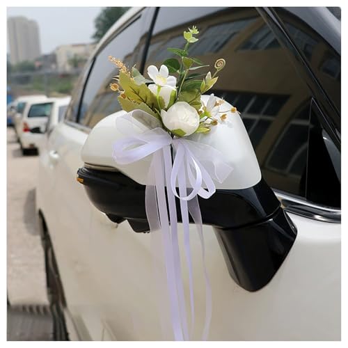 Waltonalice 2 Stück Autoschleifen Hochzeit Rückspiegel Antennenschleifen Künstliche Rosen Hochzeitsauto Deko Autoschmuck Hochzeit Spiegel Handgemacht Hochzeitsschleifen Stuhlschleifen Weiß von Waltonalice