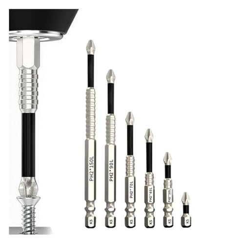 Waltonalice 6 Stück High-Magnetic Screwdriver Drill Bit Set k5 Präziser Anti-Rutsch Phillips Bits für elektrische Schrauber Schlagschrauber lang Schraubendreher Zubehör 【25-150L】 Sechsteiliges Set von Waltonalice