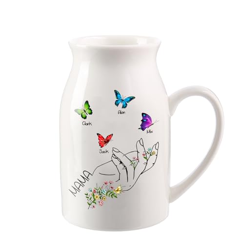 Wamantic Personalisierte Vase Muttertag - Benutzerdefinierte 1-8 Namen Keramik Vase Personalisierte Namen & Text Getrocknete Schmetterlings Vase für Home Decor Geschenke für Oma Mama(4-Namen) von Wamantic