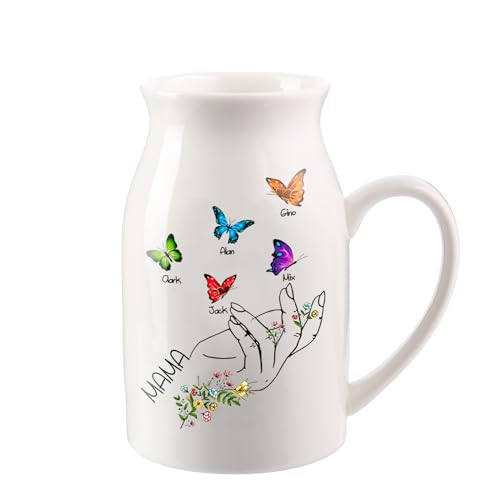 Personalisierte Vase Keramik Blumenvase Weiß mit 1-8 Namen & Text Getrocknete Schmetterlings Vase Moderne Deko Geschenke für Oma Mama Geburtstag von Wamantic