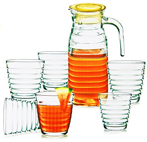 Wamat Saftkrug mit 6 Gläsern Glaskrug Wasserkrug Bistro Krug Milchkrug Weinkaraffe 7-Set von Wamat