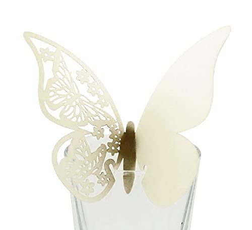 100 Stück Schmetterling Trichterwinde Tischkarten Namenskarten Glasanhänger Wandsticker für Tischdeko Hochzeit Party Haus Deco,Schmetterling Tischkarten Laser Platzkarten Namenskarten,Creme von Wambere