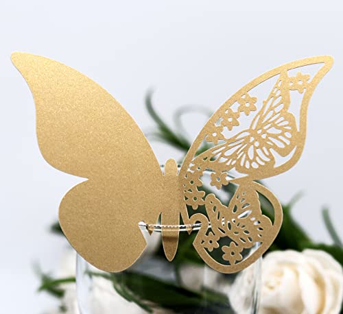 100 Stück Schmetterling Trichterwinde Tischkarten Namenskarten Glasanhänger Wandsticker für Tischdeko Hochzeit Party Haus Deco,Schmetterling Tischkarten Laser Platzkarten Namenskarten,Gold B von Wambere