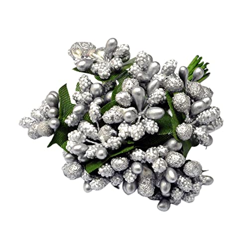 12 Stück Künstliche Blume Staubblatt,Künstliche Beeren Mini Beeren Picks Blumen Haufen Staubblätter für DIY Handwerk Bonboniere Kranz Hochzeit Blumenschmuck Deko,Silber von Wambere