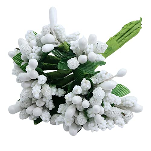 12 Stück Künstliche Blume Staubblatt,Künstliche Beeren Mini Beeren Picks Blumen Haufen Staubblätter für DIY Handwerk Bonboniere Kranz Hochzeit Blumenschmuck Deko,Weiss von Wambere