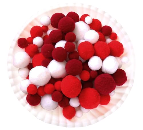 130 Stück Pompons,2cm Mini Pompons zum Basteln,Flauschigen Plüschbälle DIY Pompom Girlande Zubehör für Handwerk Herstellung Schmuck Weihnachten Girlande Kinderzimmer,Rot-Weiss von Wambere