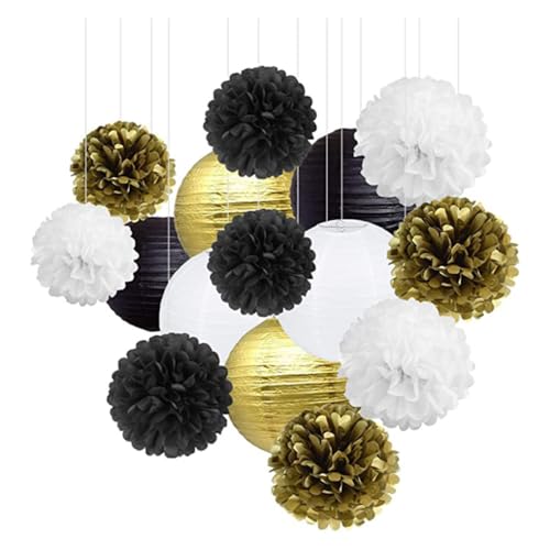 15 Stück Seidenpapier Pompons Deko,Dekorpapier Blumenpuscheln Papier,Wabenbälle Dekorpapier,für Hochzeit Party Geburtstag Abschlussball Gartenparty Festival Deko,Schwarz Weiß Gold von Wambere