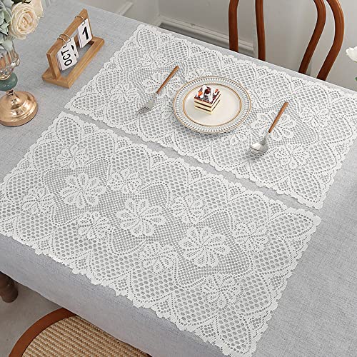 4 Stück Blumen Hohle Spitze Stickerei Tisch Tischset,Spitze Untersetzer Blumen-Form Matte Tischset Platzsets Tisch Deckchen Cup Coasters für Esszimmer Küche Bankett Hochzeit Deko Weiss,38x76cm von Wambere